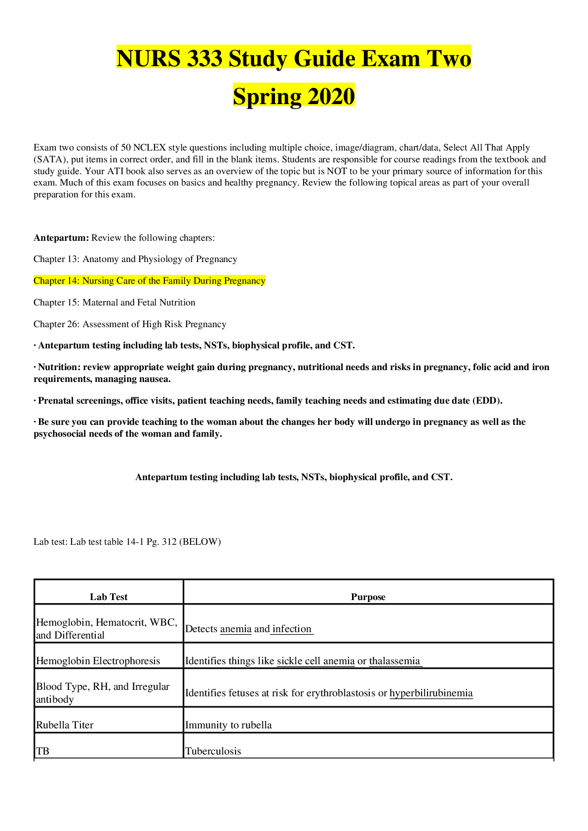 Preview image for NURS 333 Study Guide Exam Two Spring 2020